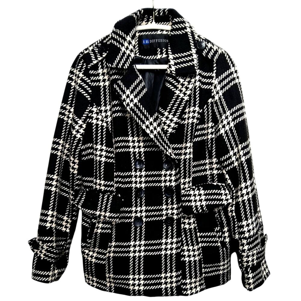 I.B Diffusion chunky knit plaid houndstooth pea coat black/white buttoned Size L